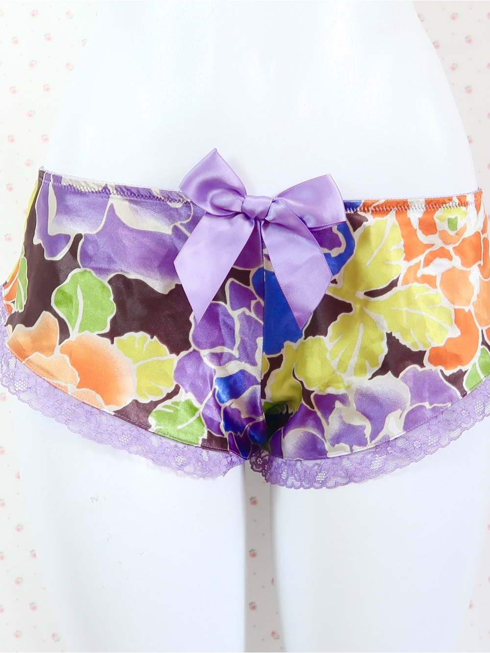 la senza floral satin tap shorts lace trim purple bow sleep shorts medium y2k